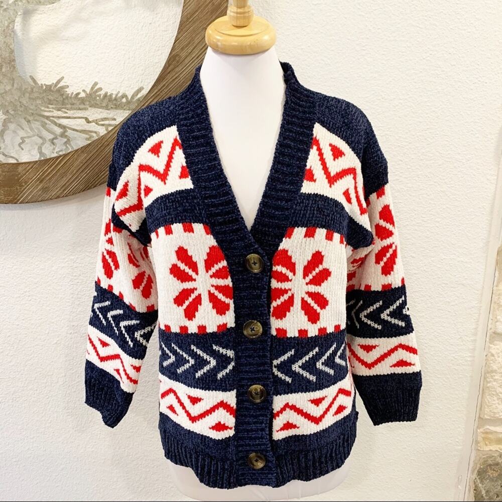 Stellah Boxy Striped Cardigan Sweater Red Blue Cream Medium